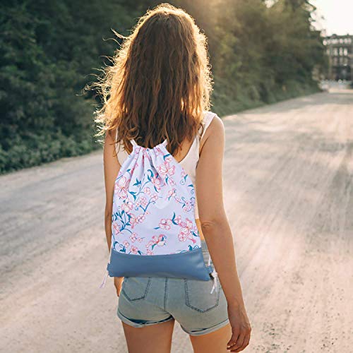 LIVACASA Mochila con cordón/Maquillaje Mochila, Mochila de Cuerdas Niños Bolsos de Embrague Costuras PU Estampado Florales Azul Hojas