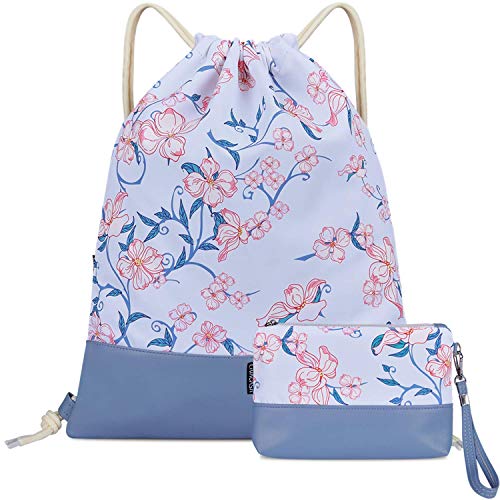 LIVACASA Mochila con cordón/Maquillaje Mochila, Mochila de Cuerdas Niños Bolsos de Embrague Costuras PU Estampado Florales Azul Hojas