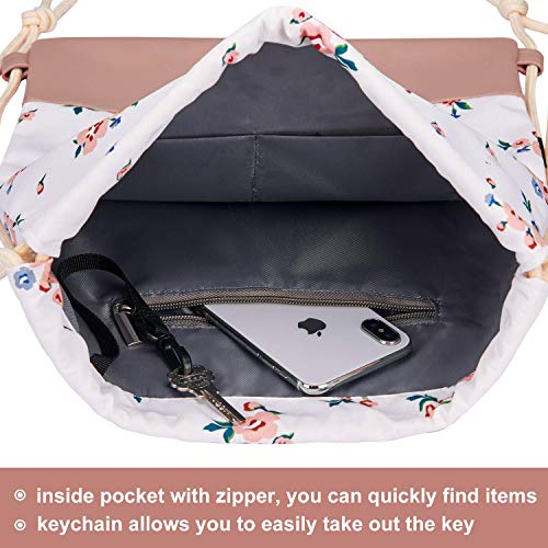 LIVACASA Mochila con cordón/Maquillaje Mochila, Mochila de Cuerdas Niños Bolsos de Embrague Costuras PU Estampado Florales Rosa Flores