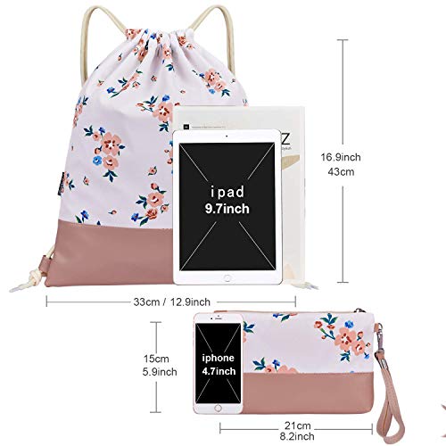 LIVACASA Mochila con cordón/Maquillaje Mochila, Mochila de Cuerdas Niños Bolsos de Embrague Costuras PU Estampado Florales Rosa Flores