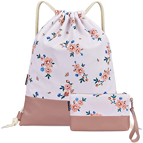 LIVACASA Mochila con cordón/Maquillaje Mochila, Mochila de Cuerdas Niños Bolsos de Embrague Costuras PU Estampado Florales Rosa Flores