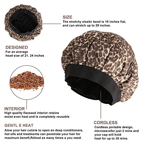 Locisne Gorro calor cabello acondicionamiento profundo inalámbrico,cuidado cabello con microondas para la terapia,tratamiento térmico para el cabello con retención interior de linaza,leopardo