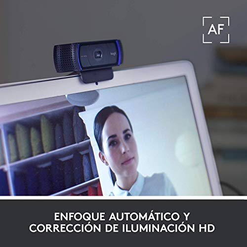 Logitech C920 HD Pro Webcam, Videoconferencias 1080P FULL HD 1080p/30 fps, Sonido Estéreo, Corrección de Iluminación HD, Skype/Google Hangouts/FaceTime, Para Gaming, Portátil/PC/Mac/Android