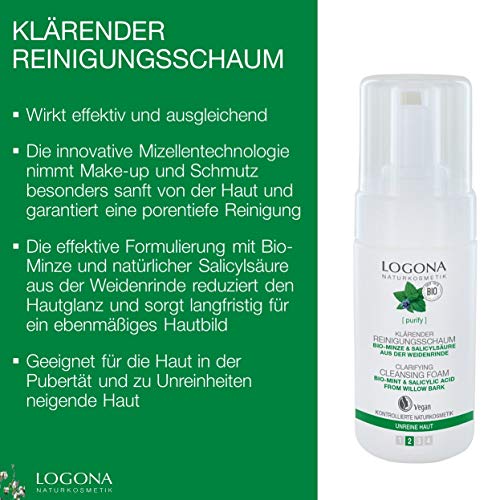 LOGONA - Espuma limpiadora de cosmética natural, efecto eficaz y equilibrante, tecnología micelar, absorbe el maquillaje especialmente suave de la piel, vegano, 100 ml