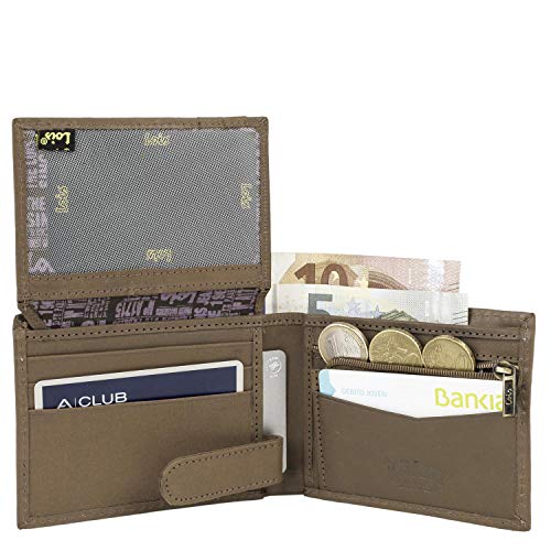 Lois - Cartera para Hombre de Cuero Piel Genuina. Horizontal. Billetero Tarjetero Porta Monedas Tarjetas DNI y Billetes. RFID. Caja para Regalo. Muy Completa. Calidad 201711, Color Marron