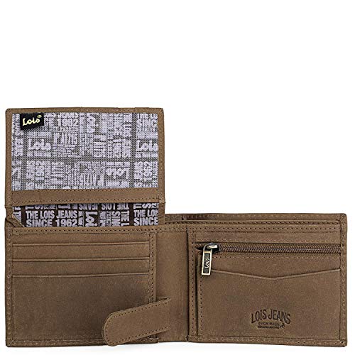 Lois - Cartera para Hombre de Cuero Piel Genuina. Horizontal. Billetero Tarjetero Porta Monedas Tarjetas DNI y Billetes. RFID. Caja para Regalo. Muy Completa. Calidad 201711, Color Marron
