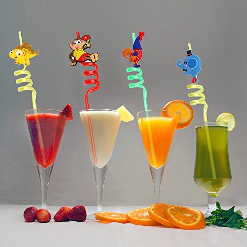 Lokipa - 10 pajitas de fiesta de animales, con espiral, reutilizables, de plástico, para niños