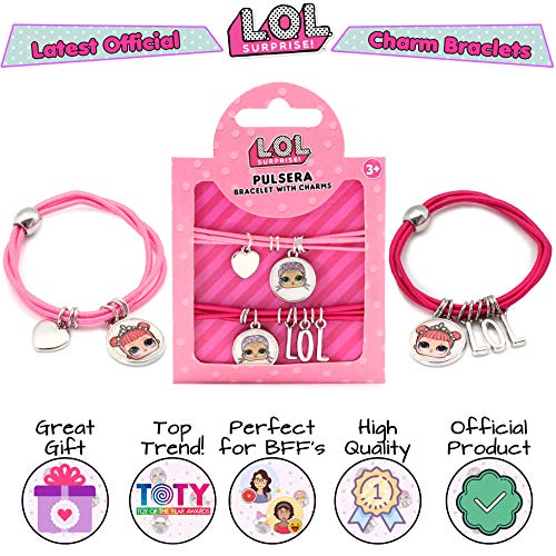L.O.L. Surprise! Juego De 2 Pulseras Con Colgantes Para Niñas Con Sus Muñecas Favoritas LOL | Brazaletes Elásticos De Color Rosa | Accesorios De Las Muñecas LOL Y Joyería | Selección Sorpresa