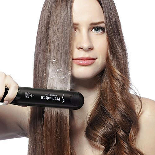 LONGKO Plancha Pelo Profesional a Vapor Plancha de Rizado,2 en 1con Placa de Cerámica para Alisado y Rizado de Cabello (Tanque de Agua GRATIS, Pinzas para el Cabello de 2 Piezas y Guante)