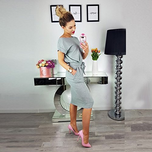 Longwu Vestido de Manga Corta Elegante de Las Mujeres para Trabajar el Vestido Ocasional del lápiz con la Correa Gris-L