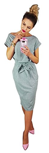 Longwu Vestido de Manga Corta Elegante de Las Mujeres para Trabajar el Vestido Ocasional del lápiz con la Correa Gris-L
