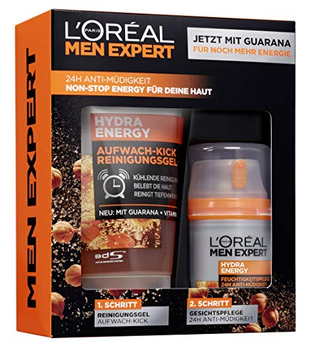L'Oréal Men Expert Hydra Energy - Set de regalo para hombres 24h hidratante con guarana (50 ml) y gel de lavado (100 ml) para el cuidado facial diario