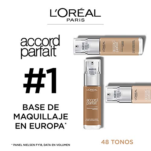 L'Oréal Paris Accord Parfait, Base de maquillaje acabado natural con ácido hialurónico, tono piel medio-oscuro 6.5D, 30 ml