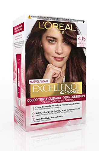 L'Oréal Paris Excellence - Crema Colorante Permanente Triple Cuidado con Pro-Keratina y Savia Nutritiva, Tono 4.15 Castaño Oscuro Helado