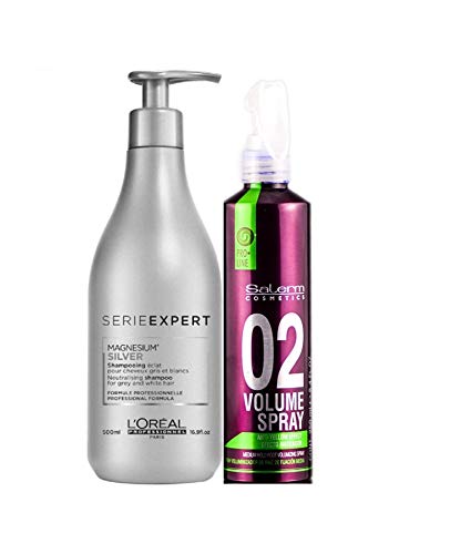 Loreal Silver Champu Cabellos Blancos y Grises 500ml + Salerm 02 Volumen Spray Anti-Yellow Efecto Matizador Fijacion Media 250ml