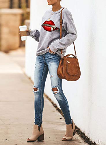 LOSRLY - Sudadera de manga larga casual para mujer, cuello redondo, estampado de labios, camiseta deportiva