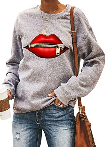 LOSRLY - Sudadera de manga larga casual para mujer, cuello redondo, estampado de labios, camiseta deportiva