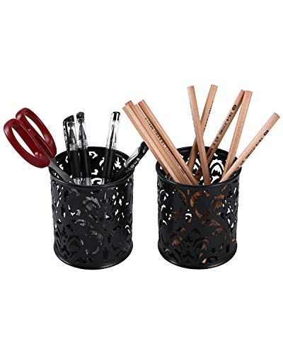 Lot de 2 pots ronds ciselés pour stylos/crayons Motif Fleur Noir
