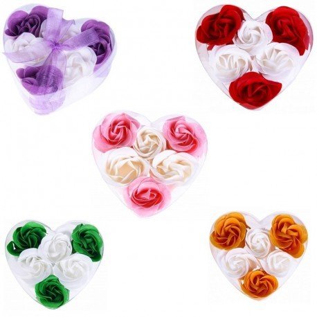 Lote de 15 Set Estuches Corazón con 6 Flores de Jabón decorados con Lazo - Jabones, jaboncitos baratos corazones pétalos de rosas para Detalles de Bodas, Comuniones, Cumpleaños, San Valentín, Regalos