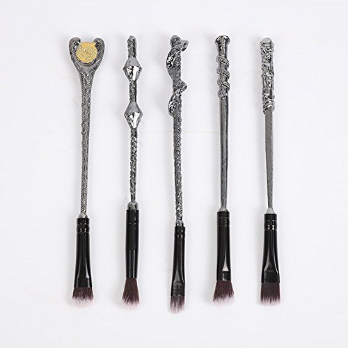 Lote de 5 pinceles para maquillaje mango Fantasía inspirés de Harry Potter maquillaje Eyeshadow Brush regalo para mujer original (Plateado)