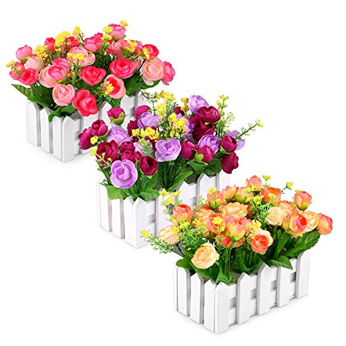 Louis Garden Artificial Flowers Fake Rose in Picket Fence Pot Pack - Small Potted Plant (Red-Purple) by Louis Garden