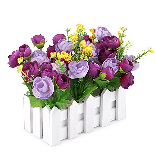 Louis Garden Artificial Flowers Fake Rose in Picket Fence Pot Pack - Small Potted Plant (Red-Purple) by Louis Garden