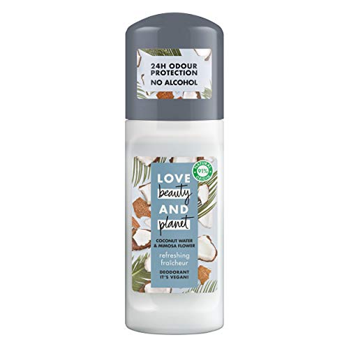 Love Beauty and Planet Desodorante Roll-on, Agua de Coco y Flor de Mimosa Vegano - Pack de 3 x 50 ml (Total: 150 ml)