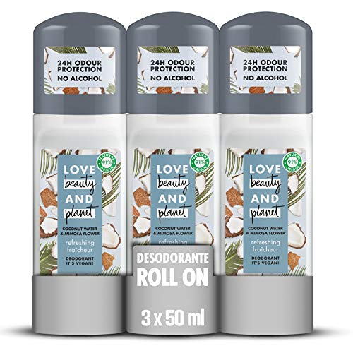Love Beauty and Planet Desodorante Roll-on, Agua de Coco y Flor de Mimosa Vegano - Pack de 3 x 50 ml (Total: 150 ml)