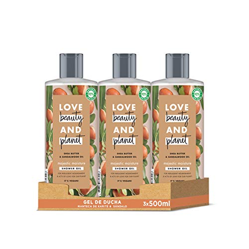 Love Beauty and Planet Gel de Ducha para Piel nutrida, Manteca de Karité y Sándalo Vegano - Pack de 3 x 500 ml (Total: 1500 ml)