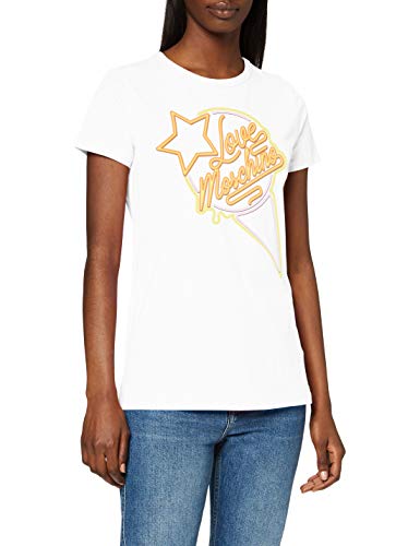 Love Moschino t-Shirt_Neon Sign Ice Cream & Logo Print Camiseta, Blanco (Optical White A00), 38 (Talla del Fabricante: 42) para Mujer