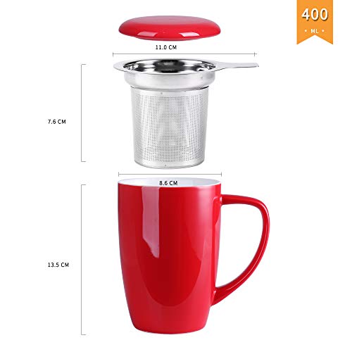 LOVECASA Tazas de Té con Tapa y Filtro Acero inoxidable 450 ML, Taza Tisana de Porcelana Rojo