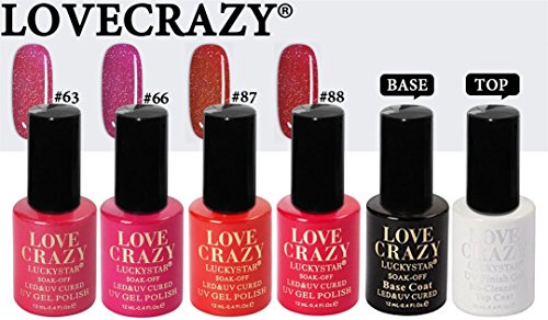 LOVECRAZY® Series Esmaltes de Uñas en Gel Permanente/Semipermanente para Manicura y Pedicura, 4 Esmaltes de Colores,Top Coat y Base Coat UV LED (63,66,87,88)