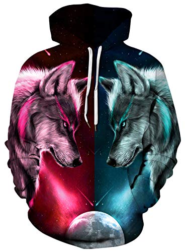 Loveternal 3D Hoodies Impresión Wolf Sudaderas con Capucha con Cordón Bolsillo Maquillaje Pullover Sweatshirt para Mujeres Hombres M