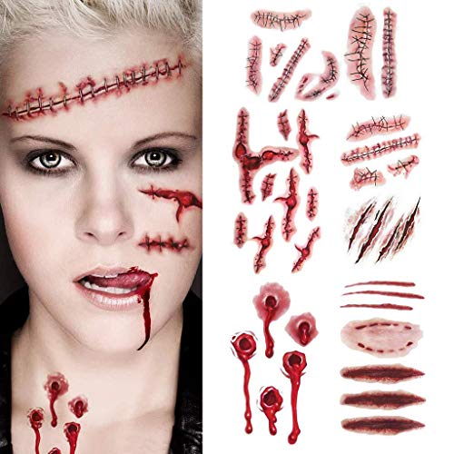 LQH 10 Hojas de Halloween Impermeable de la Etiqueta engomada del Tatuaje Temporal del Horror Realista Falso Herida sangrante de la Puntada de la Cicatriz Costra Cosplay Atrezzo Maquillaje