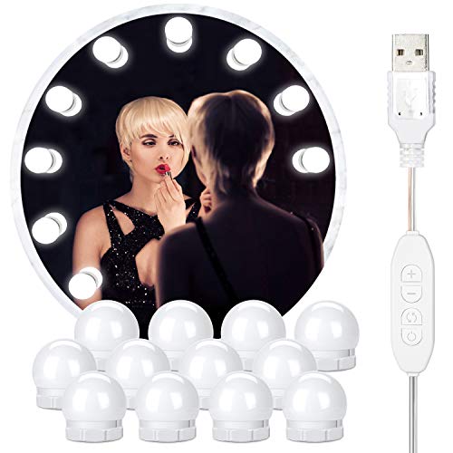 Luces para Espejo de Maquillaje, 12 Luces de Espejo de Tocador con 12 Cintas Autoadhesivas y Interfaz USB, Luces Tocador Maquillaje de 10 Niveles de Brillo y 3 Modos de Luz, Luces Tocador para Espejo