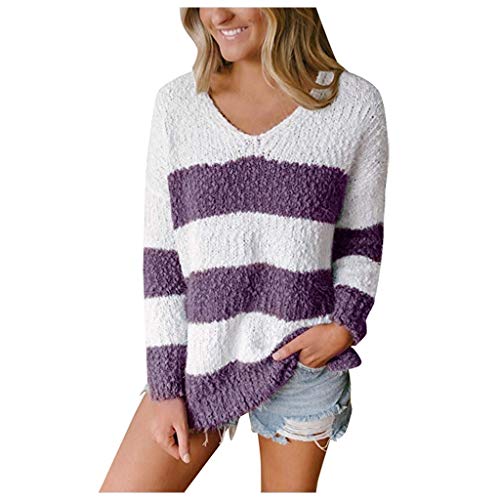 Luckycat Camisa Mujer Raya Cuello Redondo Manga Larga Casual Suelto Blusa Jersey Stripe Shirt Otoño Verano Playa y Fiesta Mujer Suéter Mangas largas Jersey Cuello Alto Pulóver de Punto para Mujer