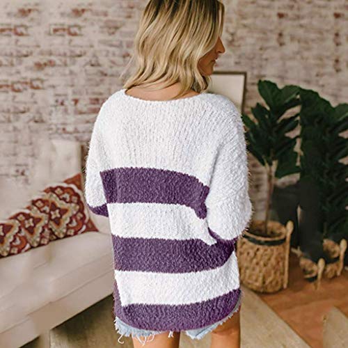 Luckycat Camisa Mujer Raya Cuello Redondo Manga Larga Casual Suelto Blusa Jersey Stripe Shirt Otoño Verano Playa y Fiesta Mujer Suéter Mangas largas Jersey Cuello Alto Pulóver de Punto para Mujer