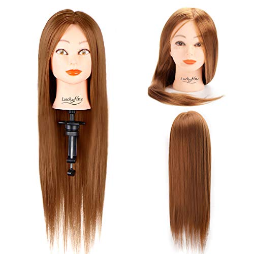 Luckyfine Cabeza Maniquí Peluqeuría, 50% Pelo Natural, Cabeza de Entrenamiento para Peluqueros, Cabeza de Cosmetología de Maniquí, Regalo para Niñas con Soporte Pinza - Castaño Claro, 24 inches