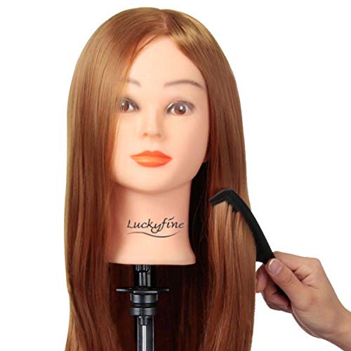 Luckyfine Cabeza Maniquí Peluqeuría, 50% Pelo Natural, Cabeza de Entrenamiento para Peluqueros, Cabeza de Cosmetología de Maniquí, Regalo para Niñas con Soporte Pinza - Castaño Claro, 24 inches