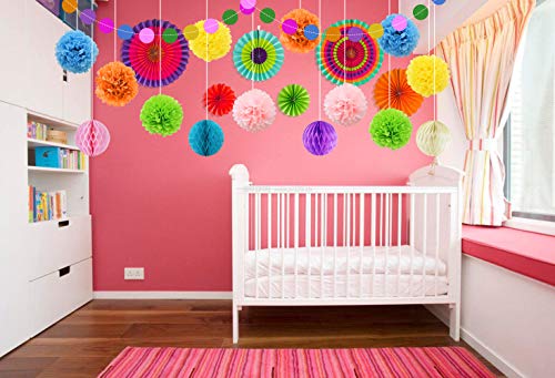 LURICO Decoración de la Fiesta, 21 Piezas Abanicos de Papel Bola de Nido Pom Poms Ventilador de Papel para Colgar Decoración para Cumpleaños Boda Carnaval Bebé Ducha Home Party Supplies Decoración