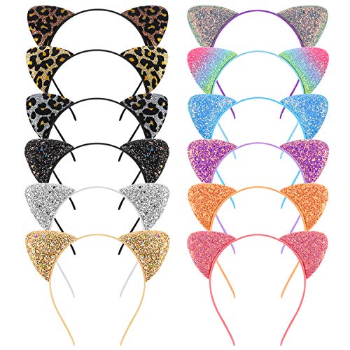 Lurrose - 12 diademas con forma de orejas de gato con purpurina, coloridas y estampadas, brillantes, accesorio para el pelo para mujeres y niñas (colores surtidos)