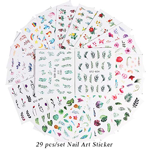 Lurrose 29 hojas de pegatinas de arte de uñas set hojas y flores transferencia de agua autoadhesivas calcomanías de uñas arte diy nail art tattoo manicure para niñas mujeres