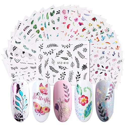 Lurrose 29 hojas de pegatinas de arte de uñas set hojas y flores transferencia de agua autoadhesivas calcomanías de uñas arte diy nail art tattoo manicure para niñas mujeres