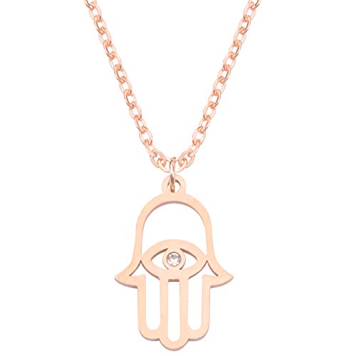 LUUK LIFESTYLE Collar de acero inoxidable con colgante de mano de hamsa y cita Happiness, joya de mujer, tarjeta de regalo, amuleto, rosé