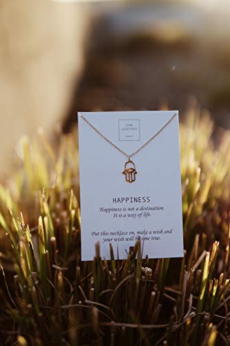 LUUK LIFESTYLE Collar de acero inoxidable con colgante de mano de hamsa y cita Happiness, joya de mujer, tarjeta de regalo, amuleto, rosé