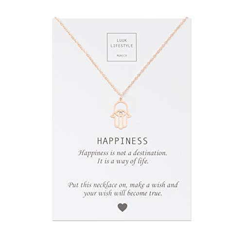 LUUK LIFESTYLE Collar de acero inoxidable con colgante de mano de hamsa y cita Happiness, joya de mujer, tarjeta de regalo, amuleto, rosé