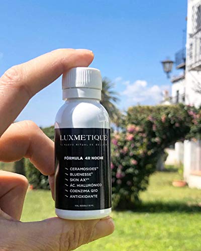 Luxmetique Fórmula 4R Noche - nutricosmético para el cuidado y rejuvecimiento de la piel a base de Extractos de Melisa, Granada, Ácido Hialurónico y Ceramosides. 450 ml - 15 viales de 30 ml
