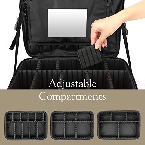 Luxspire Bolsa de Cosméticos de Viaje con Divisores Bolsillos con Espejo para Hombres y Mujeres, Estuche de Maquillaje Impermeable Portátil, Almacenamiento con Correa para Viajes de Negocios - Negro