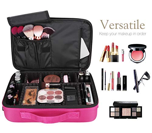 Luxspire Makeup Cosmetic Storage Bag, Portable Waterproof Double Layer Make up Case Cosmetic Pouch Travel Storage Box Toiletry Organizer Tool with Shoulder Straps - Magenta