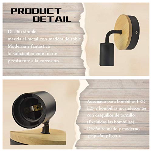 Luxvista 1x Aplique E27 Moderno Nórdico Portalámpara de Pared Redonda Base de Madera de Roble, Encendido Arriba/Abajo, Iluminación Minimalista Decorativa para Interior/Loft/Cama (Sin Bombilla, Negro)